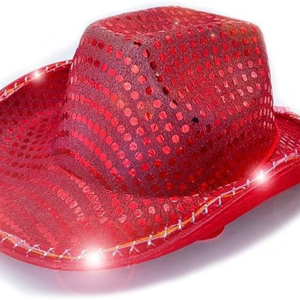 Red Sequin Light Up LED Flashing Cowboy Hat with Sequins LEDS, Cowgirl, Western‎ - Picture 4 of 4